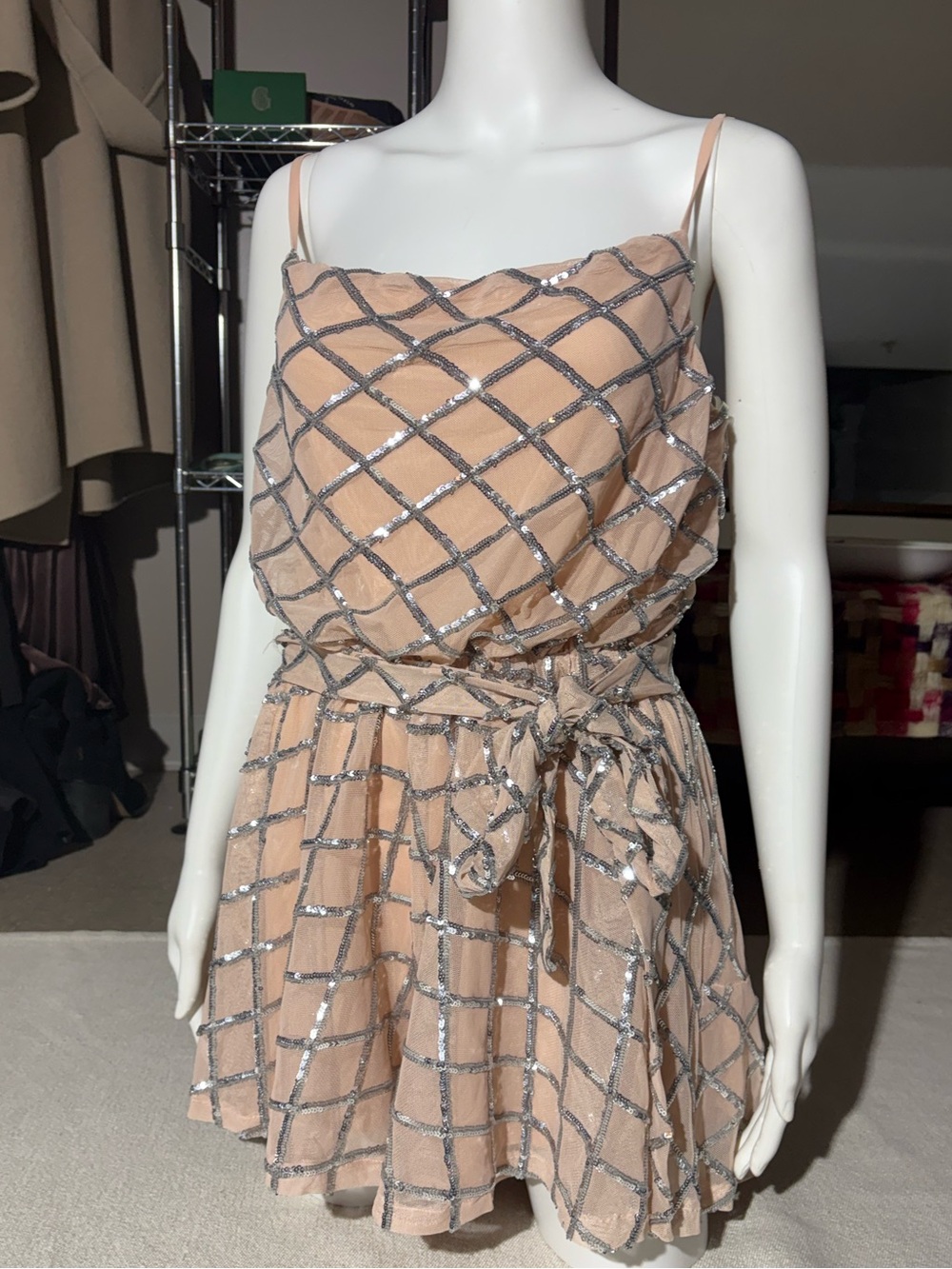 Just Me VICI Chic Nude Silver Sequins Geometric Grid Patterned  Cocktail Romper